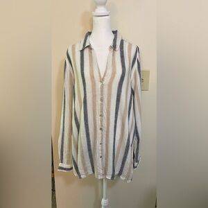 Tahari Women’s Long Sleeve Linen Blend Button Down Roll Tab Sleeve Shirt Sz  XL